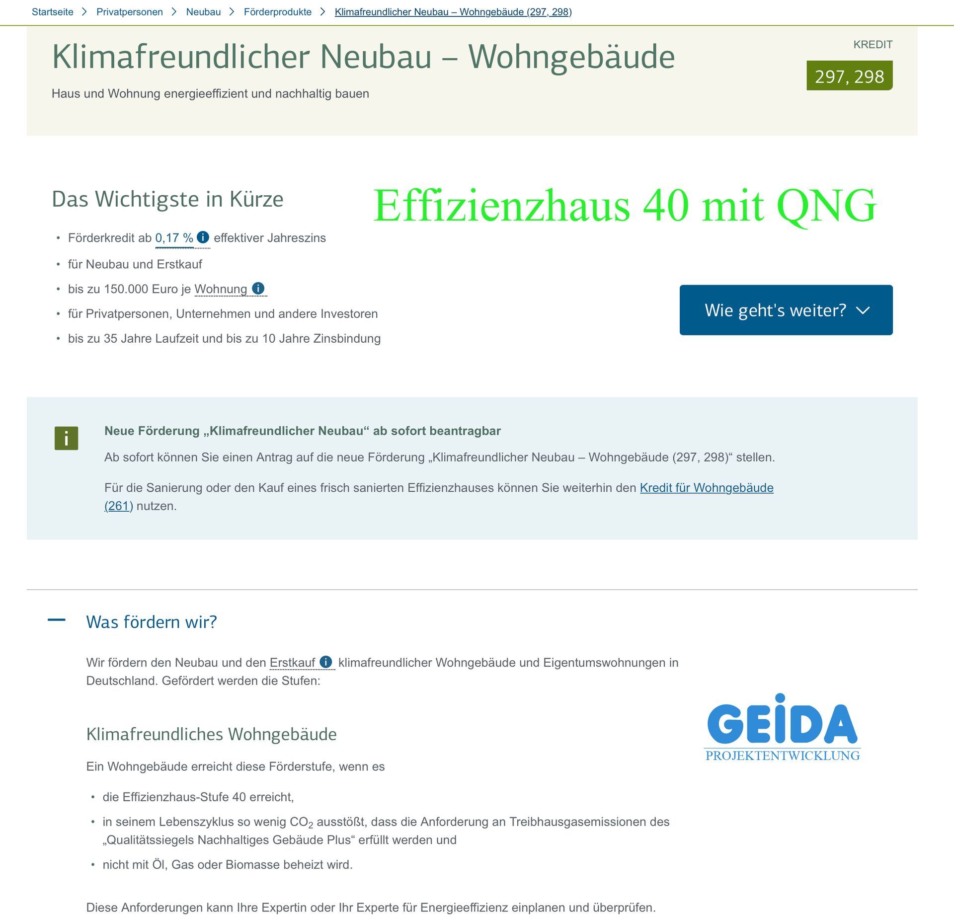 Wir planen Ihren Dachausbau oder Neubau entsprechend den Förderkriterien der KfW im Programm 297 * Effizienzhaus 40 mit QNG *, stellen den Antrag und begleiten Sie bis zur Fertigstellung Ihres Bauvorhabens in Berlin und deutschlandweit. GEIDA Projektentwicklung
