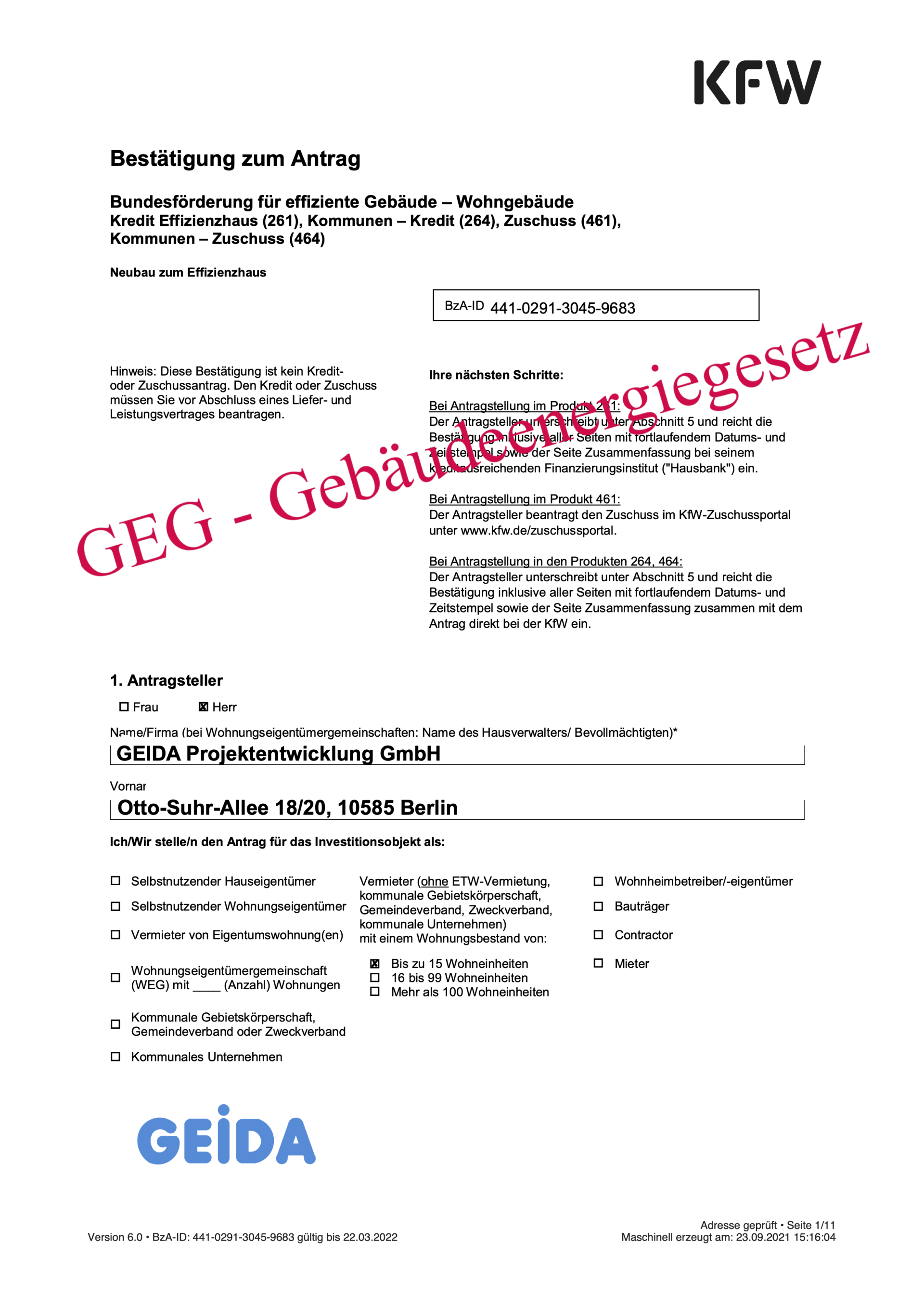 KfW Bestätigung zum Antrag Dachausbau im im Förderprogramm * Effizienzhaus 55 *. Architekt GEIDA