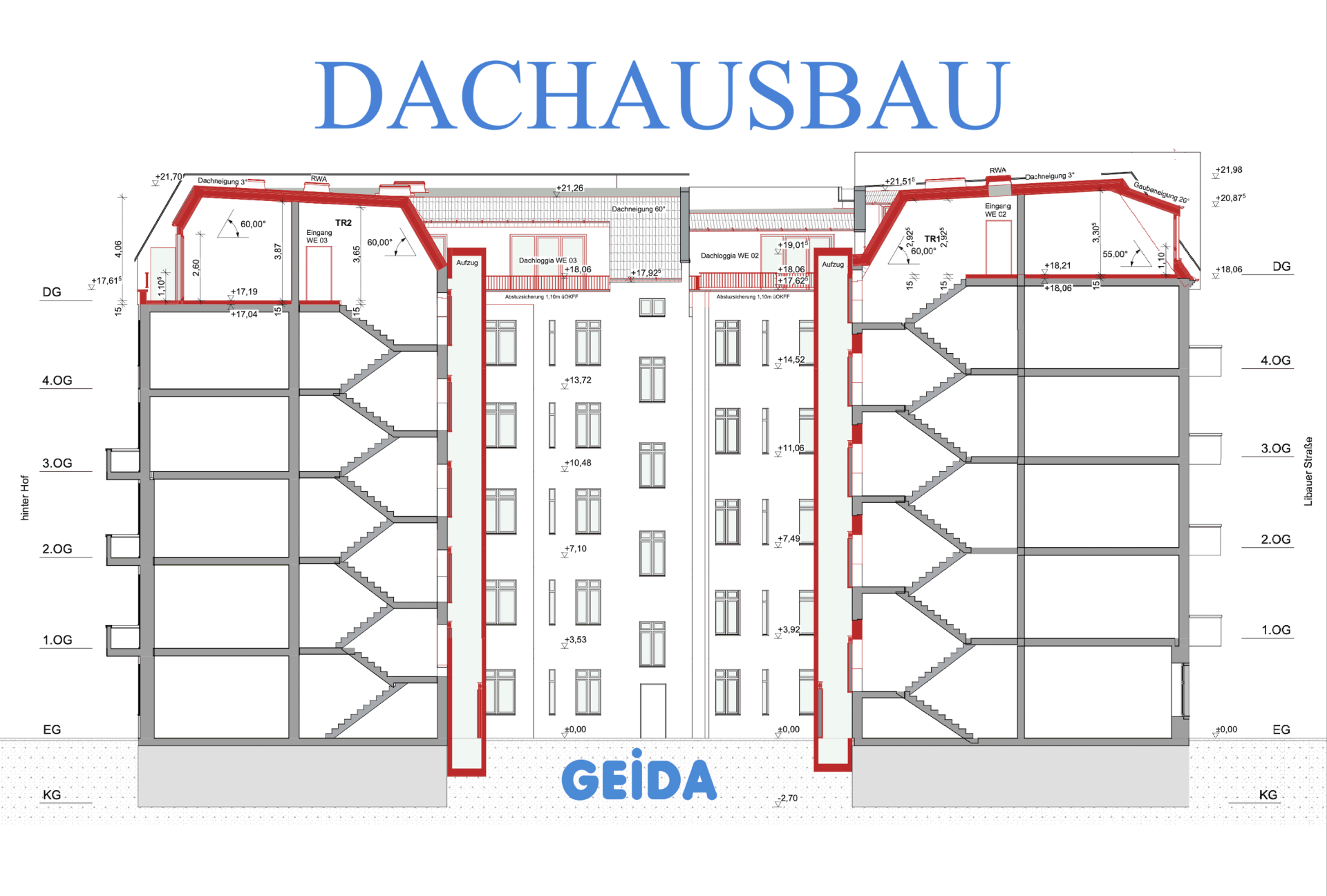 Schnittzeichnung beim Dachausbau in Berlin Friedrichshain mit 4 Wohnungen und Anbau von 2 Außenaufzüge. GEIDA Projektentwicklung