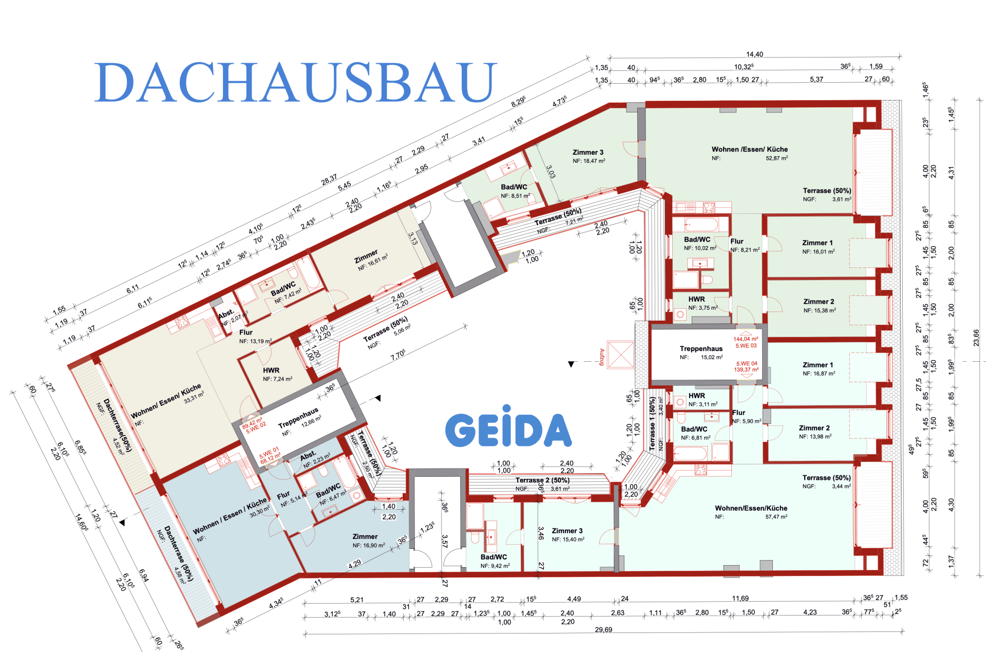 Grundriss zur Baugenehmigung beim Dachausbau in Berlin Friedrichshain mit 4 Wohnungen und ein Außenaufzug. GEIDA Projektentwicklung
