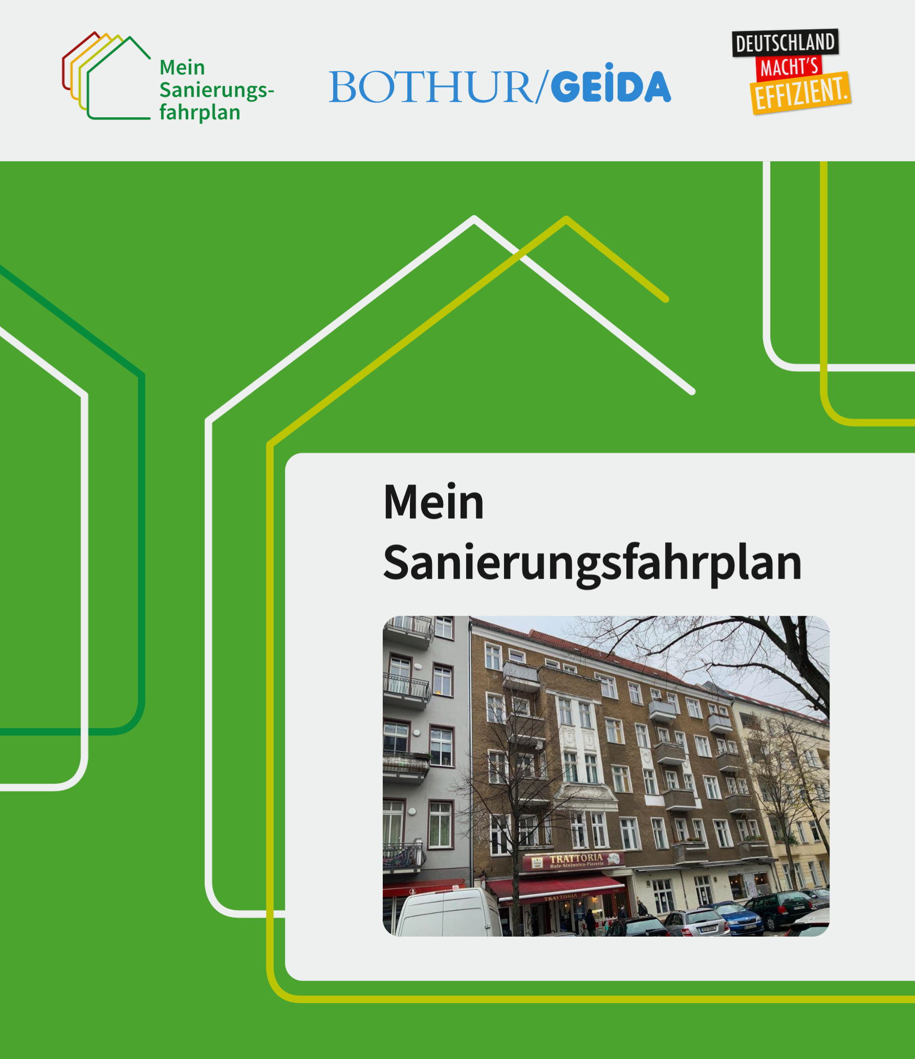 Die energetische Gebäudesanierung bei Wohngebäuden und Nichtwohngebäuden mit BAFA / KfW Zuschuss für Fassadendämmung, Wärmeschutzfenster und Austausch der Heizung startet mit dem individuellen Sanierungsfahrplan. GEIDA Projektentwicklung
