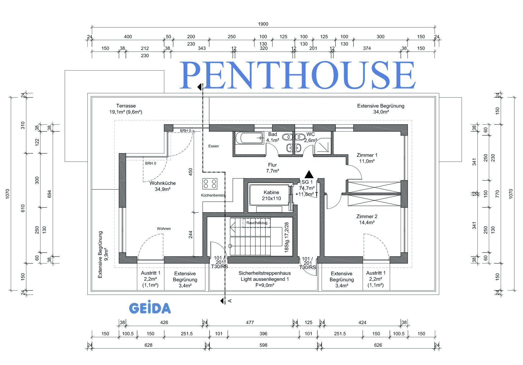 Der Grundriss zur Baugenehmigung beim Neubau von einem Mehrfamilienhaus vom Staffelgeschoss als Penthouse in Berlin Reinickendorf. GEIDA Projektentwicklung, Architekt, Architektur, Gebäudesanierung.