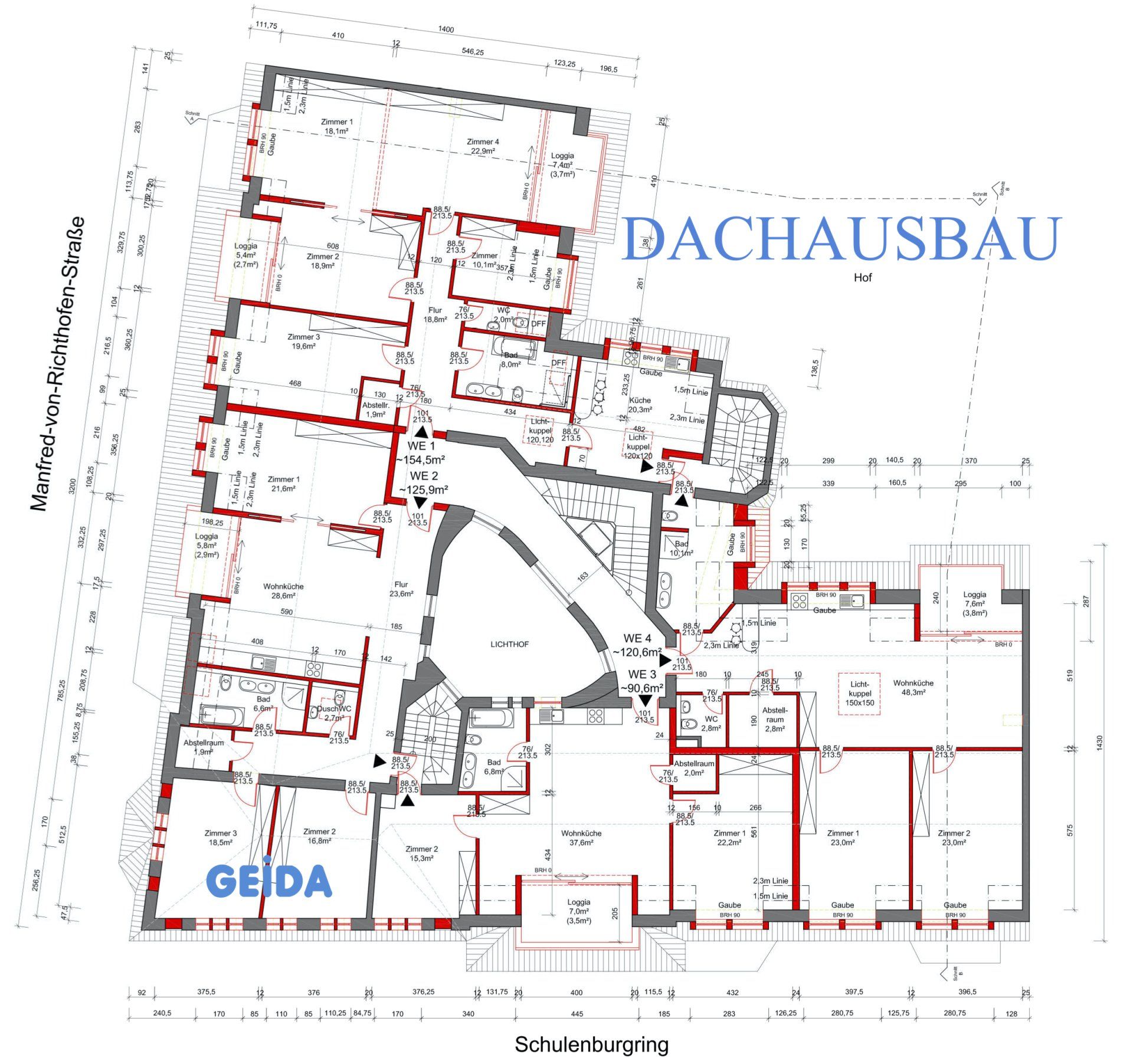 Grundriss zur Baugenehmigung beim Dachausbau in Berlin Tempelhof mit 4 Wohnungen. GEIDA Projektentwicklung