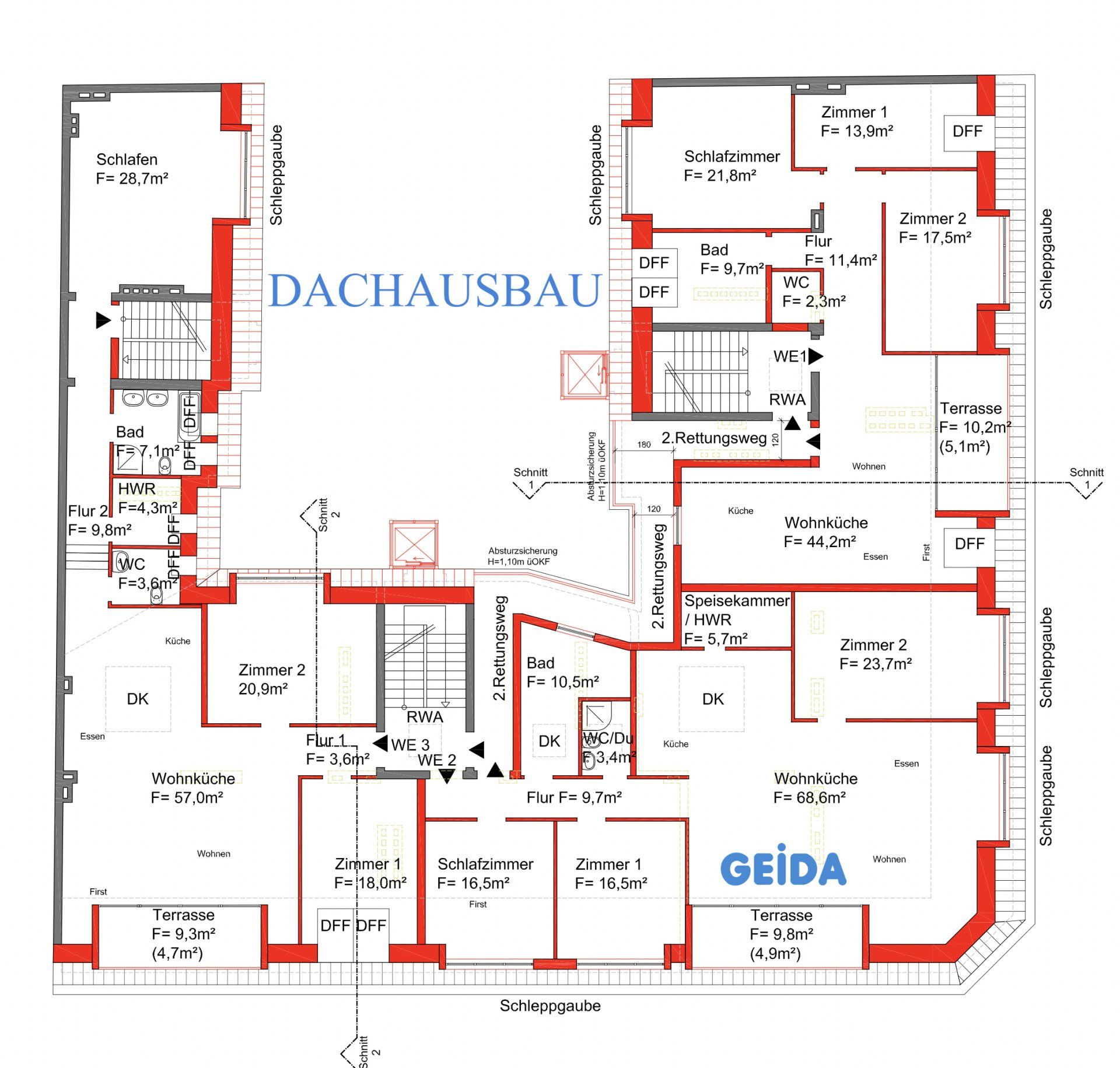 Grundriss zur Baugenehmigung beim Dachausbau in Berlin Wedding mit 3 Wohnungen und zwei Außenaufzüge. GEIDA Projektentwicklung