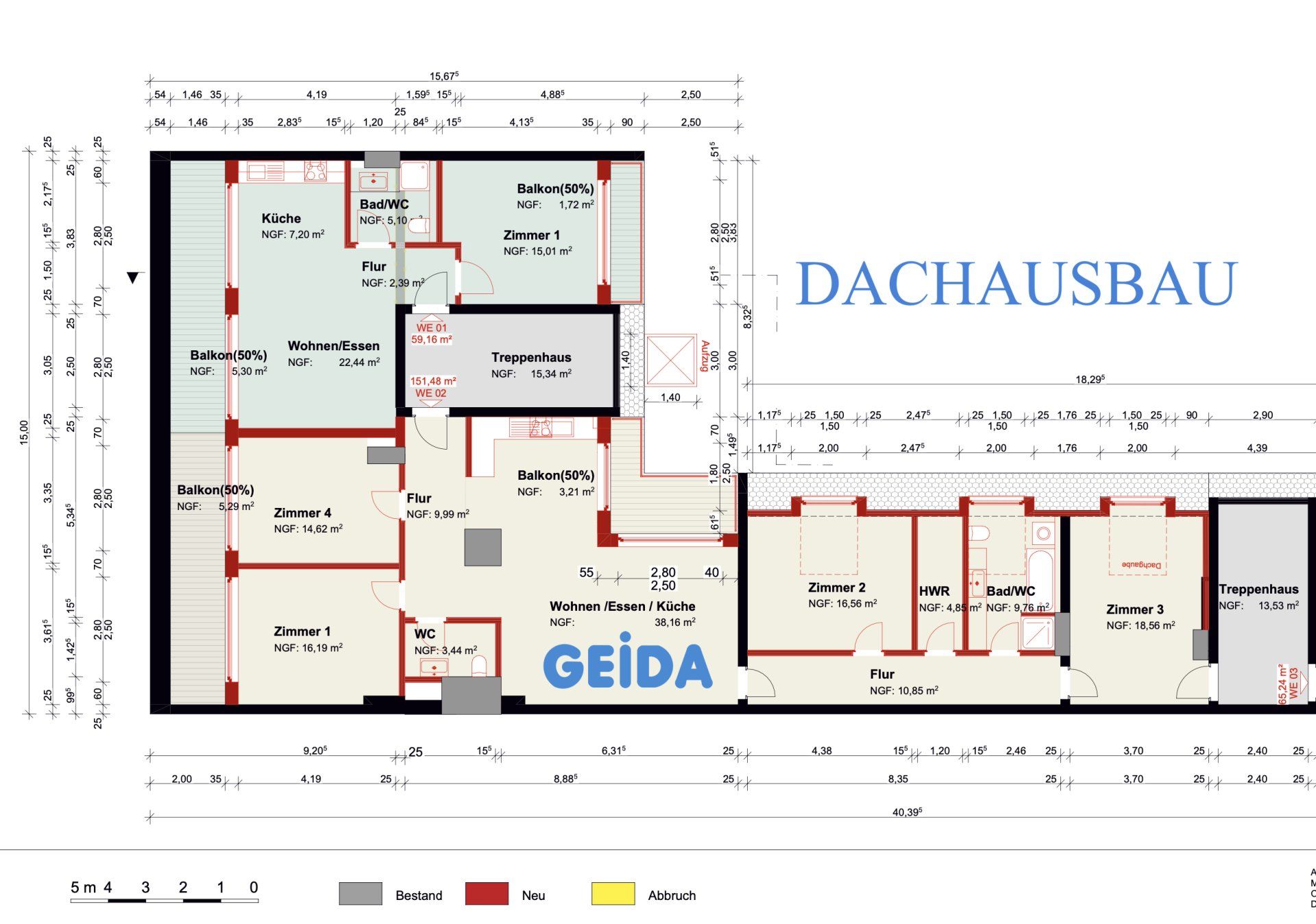 Grundriss zur Baugenehmigung beim Dachausbau in Berlin Charlottenburg mit 2 Wohnungen. GEIDA Projektentwicklung