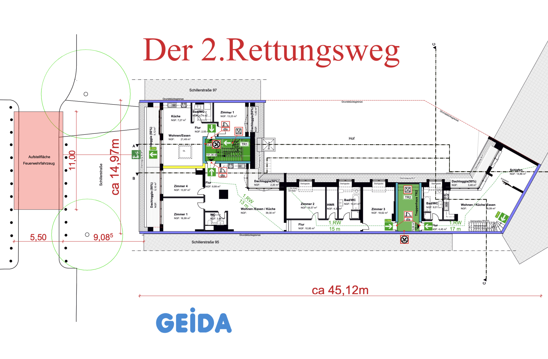 Grundriss zum Brandschutznachweis beim Dachausbau in Berlin Charlottenburg mit den Rettungswegen für 3 Wohnungen. GEIDA Projektentwicklung