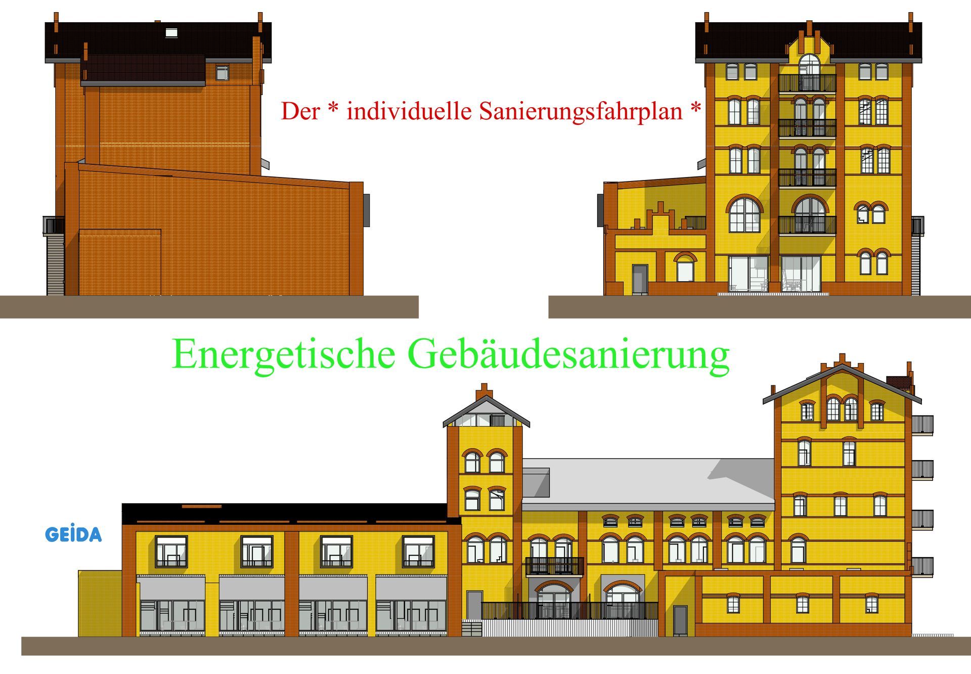 Die energetische Gebäudesanierung bei Wohngebäuden und Nichtwohngebäuden mit BAFA / KfW Zuschuss für Fassadendämmung, Wärmeschutzfenster und Austausch der Heizung startet mit dem individuellen Sanierungsfahrplan. GEIDA Projektentwicklung