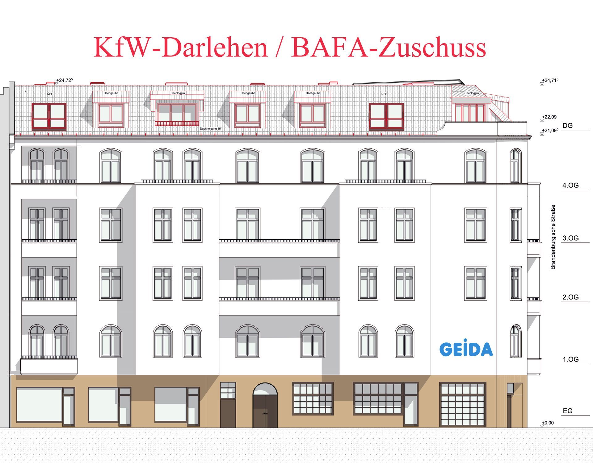 Im Januar 2022 bestätigte die KfW / BAFA die Förderung für den Dachausbau in Berlin Wilmersdorf mit 4 Wohnungen im Förderprogramm * Effizienzhaus 55 *. GEIDA Projektentwicklung