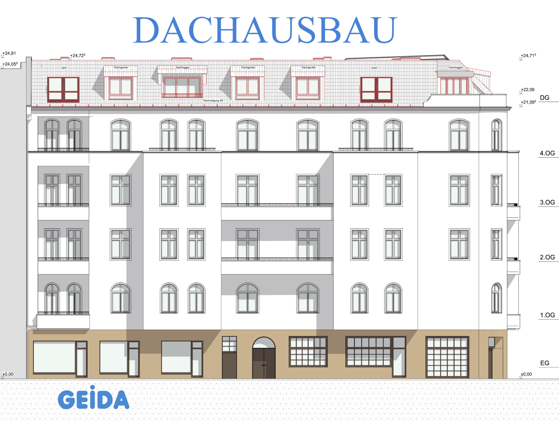 Beim Dachausbau in Berlin Wilmersdorf mit 4 Wohnungen hat die KfW ein Darlehen im Förderprogramm * Effizienzhaus 55 * bewilligt. GEIDA Projektentwicklung