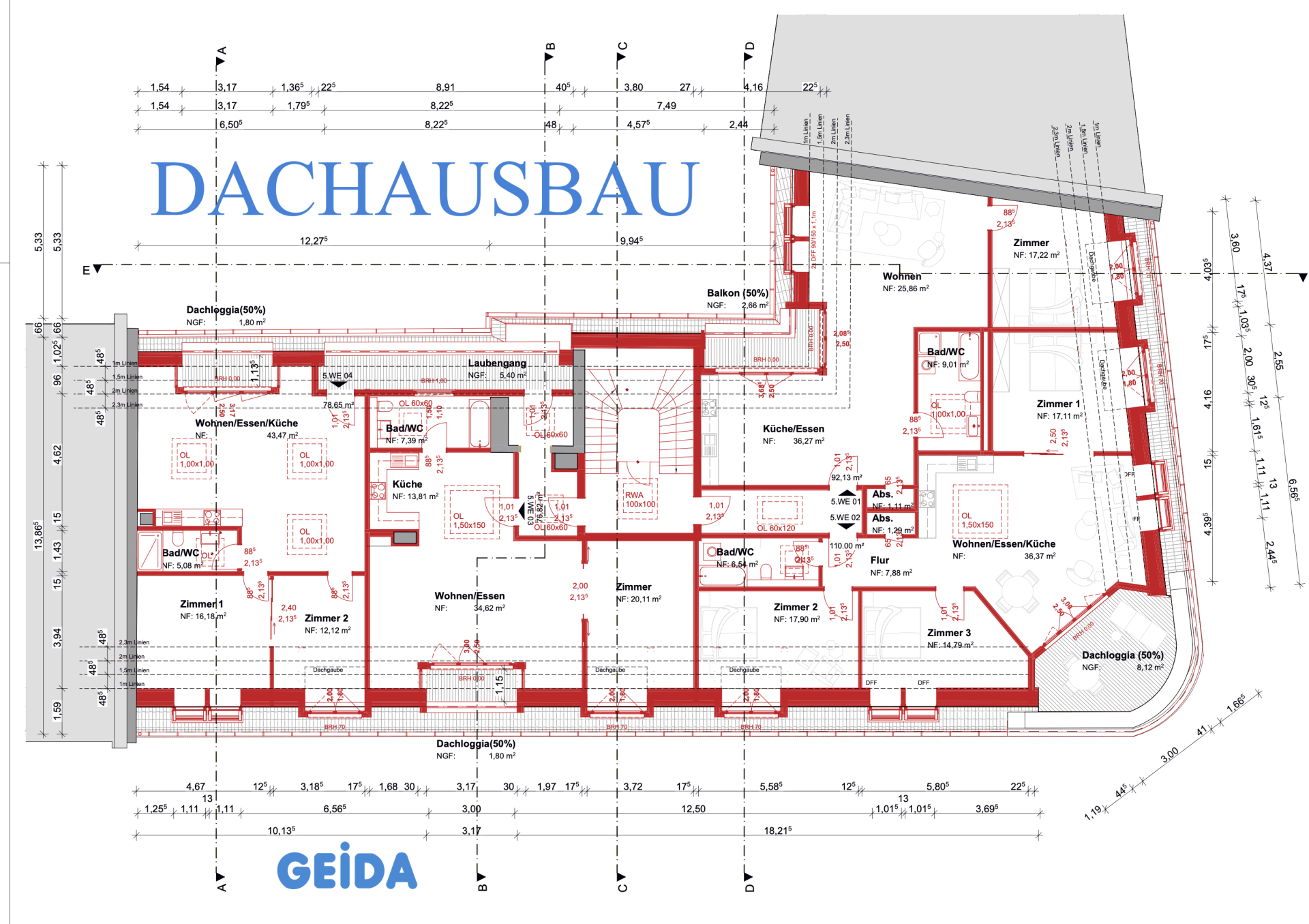 Grundriss zur Baugenehmigung beim Dachausbau in Berlin Wilmersdorf mit 4 Wohnungen. GEIDA Projektentwicklung
