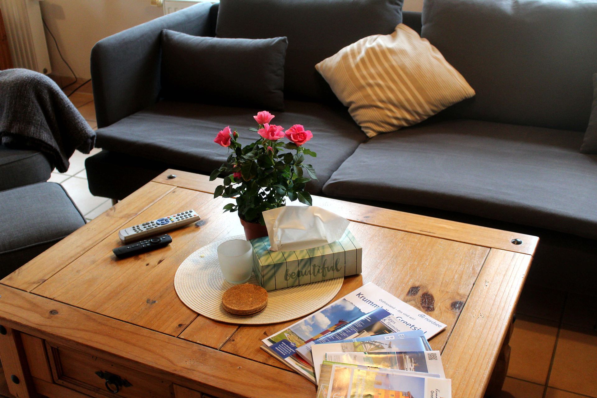 Wohnzimmer Tisch Ferienhaus Leo 2 mit Prospekten