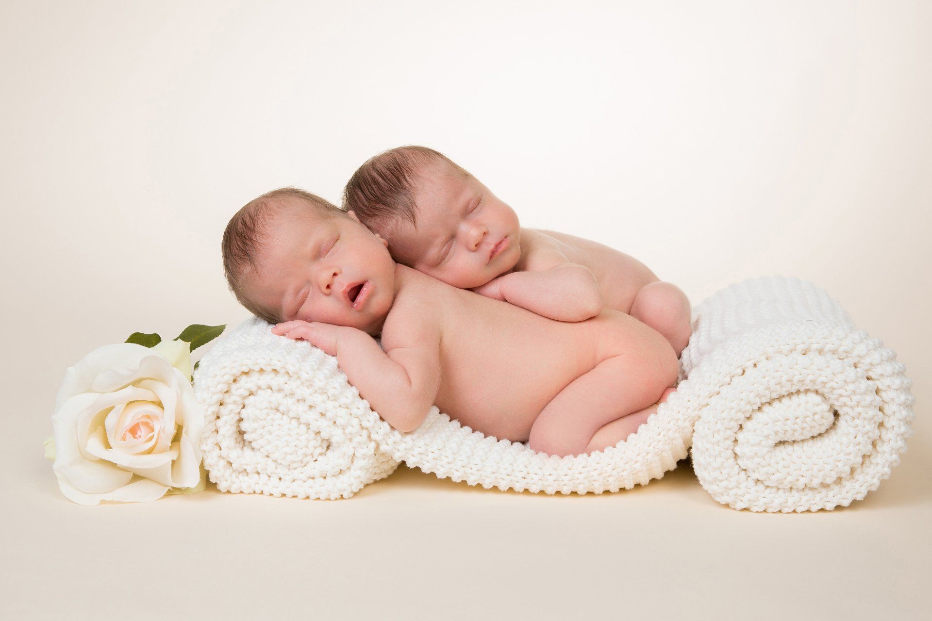 Zwillingsbabys auf Decke in creme