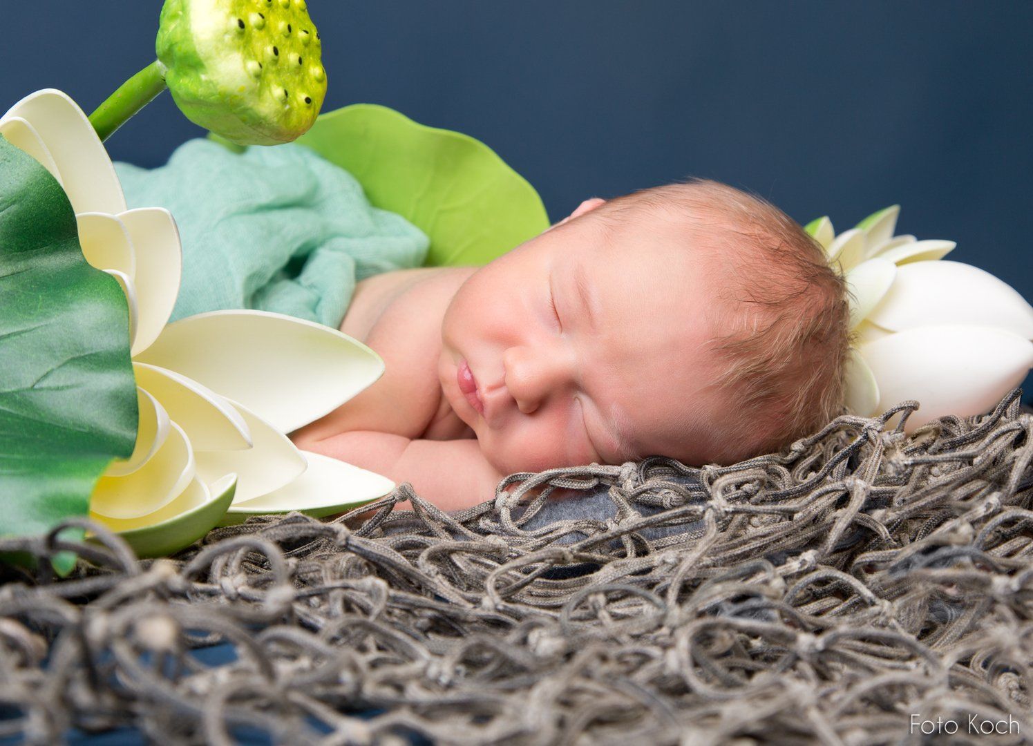 Baby auf Fischernetz mit Seerosen