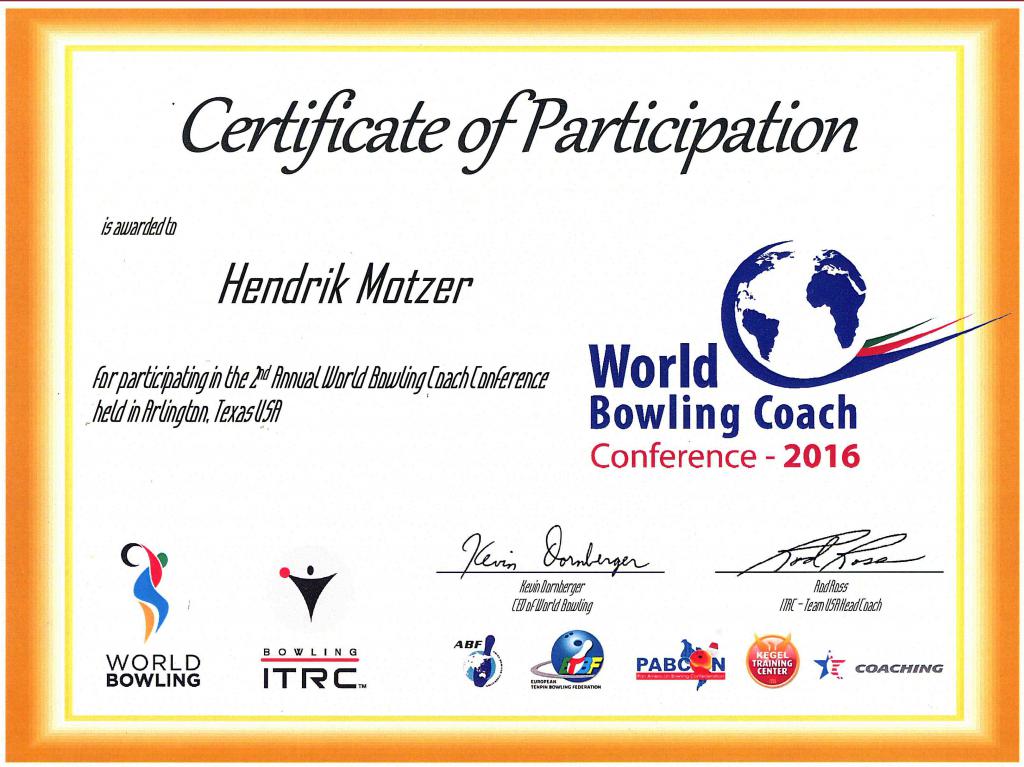 Zertifikat World Bowling Coach Conference 2016 - Hendrik Motzer