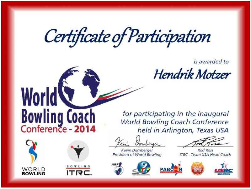 Zertifikat World Bowling Coach Conference 2014 - Hendrik Motzer