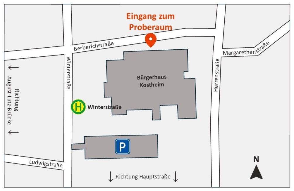 Der Proberaum der Concordia befindet sich im Keller des Bürgerhauses. Der Eingang ist in der Berberichstraße