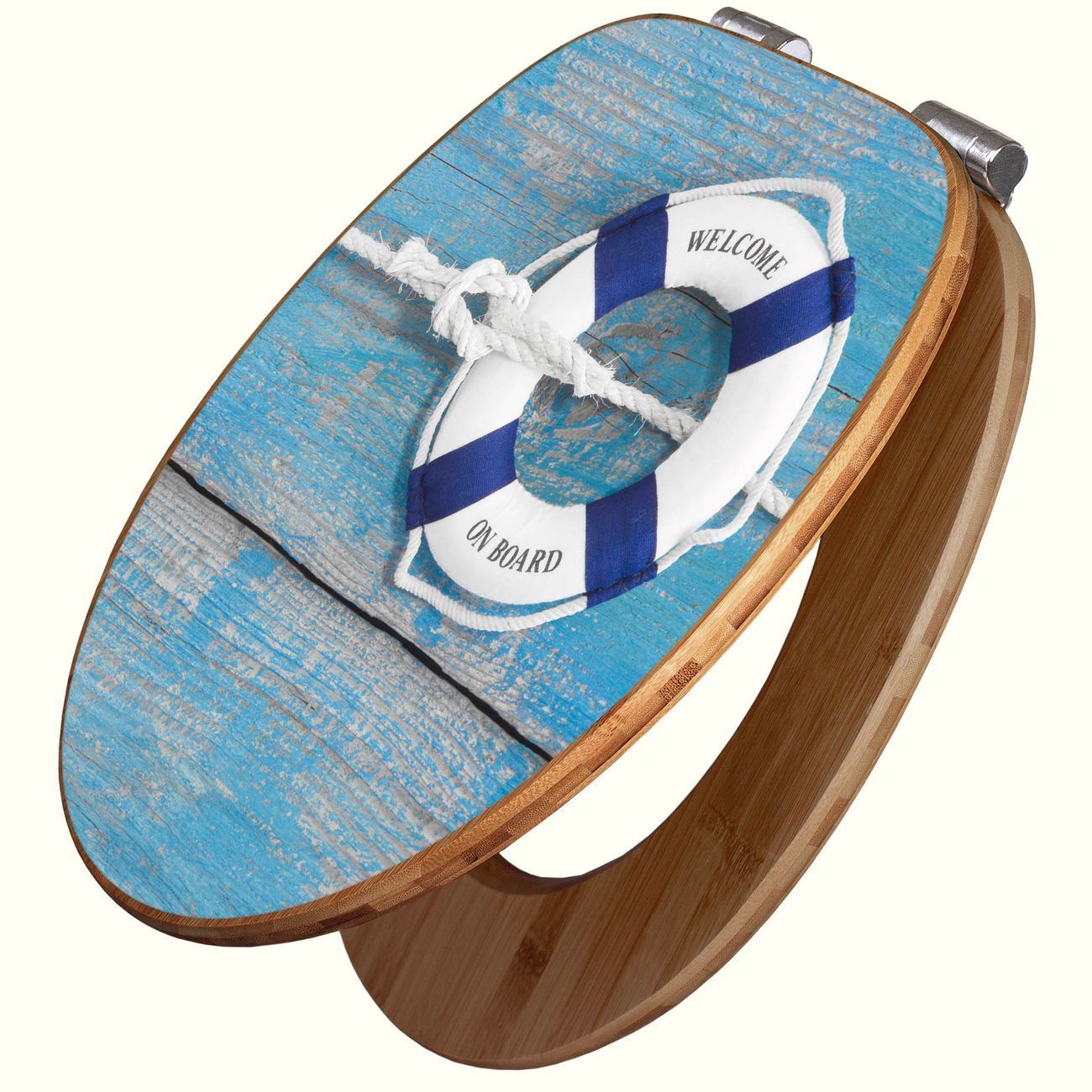 Bambus-Ahoi-mit Absenkautomatik on Banjado Design-Sitz Bambus mit Absenkautomatik von Banjado - Motiv Blauer Rettungsring