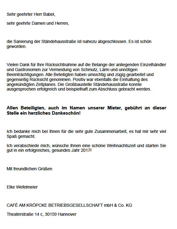 Dankschreiben von Frau Wefelmeier, Café am Kröpke Betriebsgesellschaft mbH & Co. KG an Herrn Paul Babel, Sachgebietsleiter für