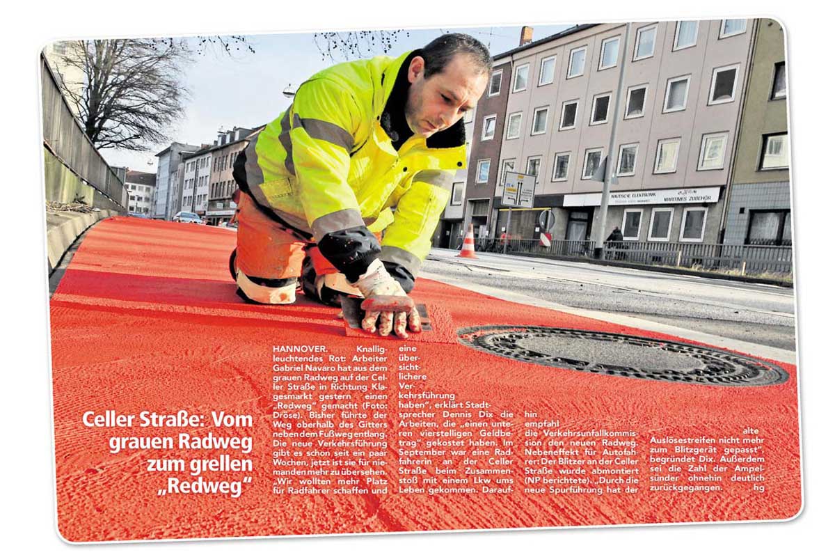 Radwegmarkierung Celler Strasse Hannover rot Radwegmarkierung Celler Strasse Hannover