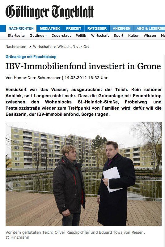 Göttinger Tageblatt vom 14.03.2012 - Grünanlage mit Feuchtbiotop. IBV-Immobilienfond investiert in Grone - - Grünanlage mit Feuchtbiotop. IBV-Immobilienfond investiert in Grone -