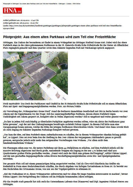 HNA vom 26.09.2012 - Pilotprojekt: aus einem Parkhaus wird zum Teil eine Freizeitfläche - - Pilotprojekt: aus einem Parkhaus wird zum Teil eine Freizeitfläche -