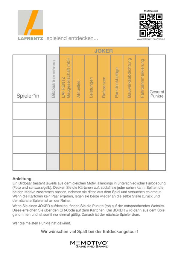 LAFRENTZ Memo Spielanleitung und Tabelle LAFRENTZ Memotivo Spielanleitung und Tabelle