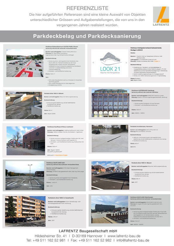 Lafrentz Referenzliste 1-2021 Parkdecksanierung Bauwerksabdichtung Fahrbahnmarkierung
