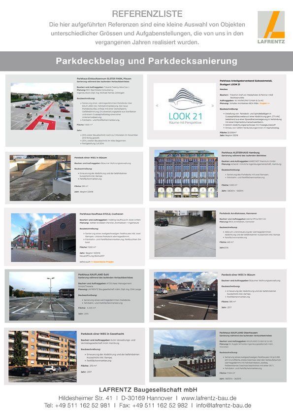 Lafrentz Referenzliste 1-2021 zum ausdrucken Lafrentz Referenzliste 1-2021 Parkdecksanierung Bauwerksabdichtung Fahrbahnmarkierung