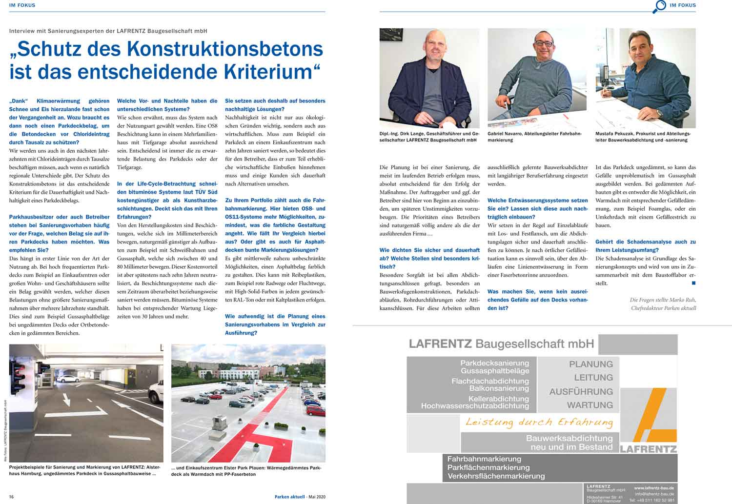 InInterview mit Sanierungsexperten der LAFRENTZ Baugesellschaft mbH aus Parken aktuell 4/2020 Interview Lafrentz Parken aktuell Parkdecksanierung