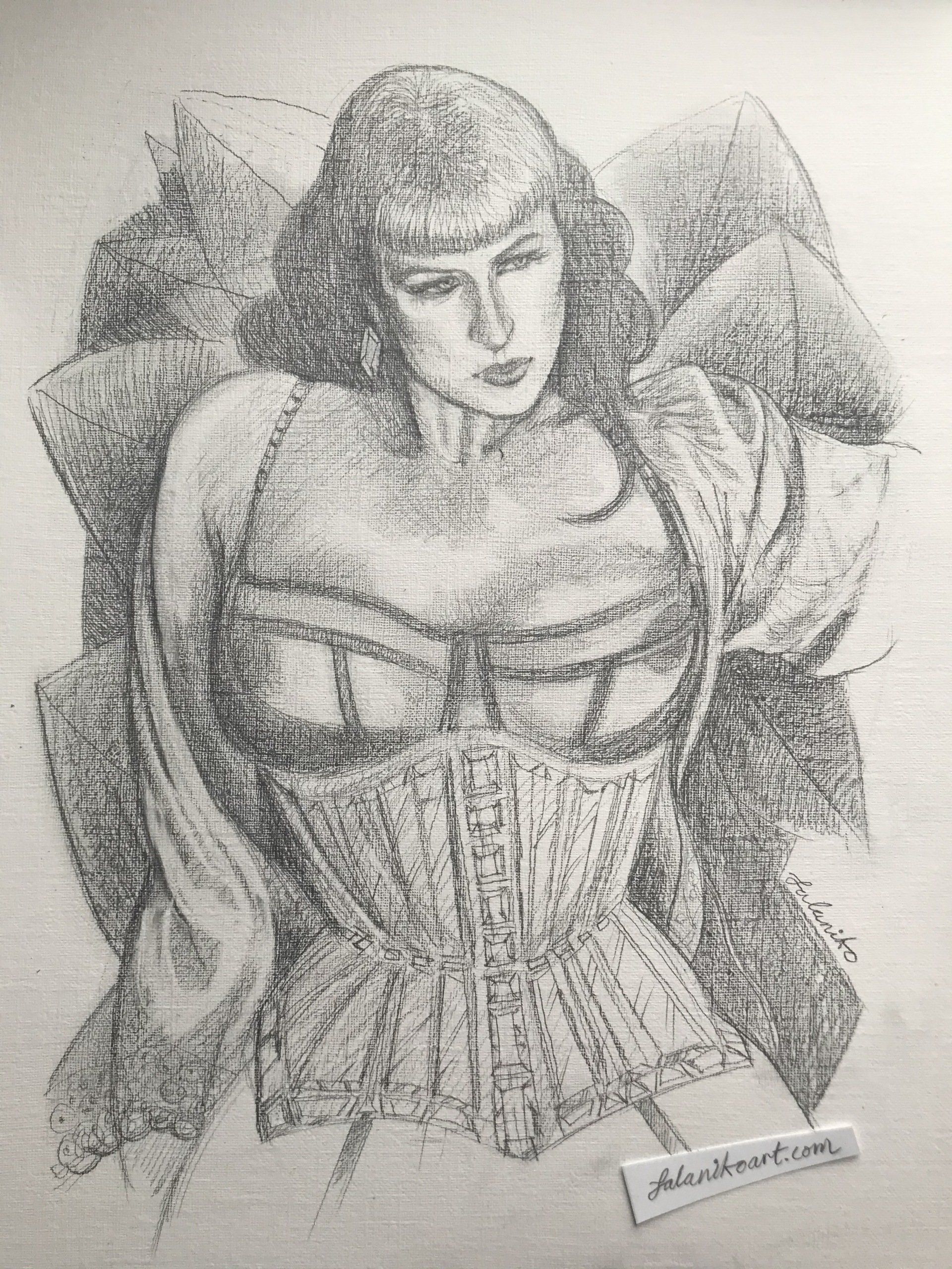 A tall, elegant woman wearing an intricately detailed corset is reclining and feeling very satisfied in herself