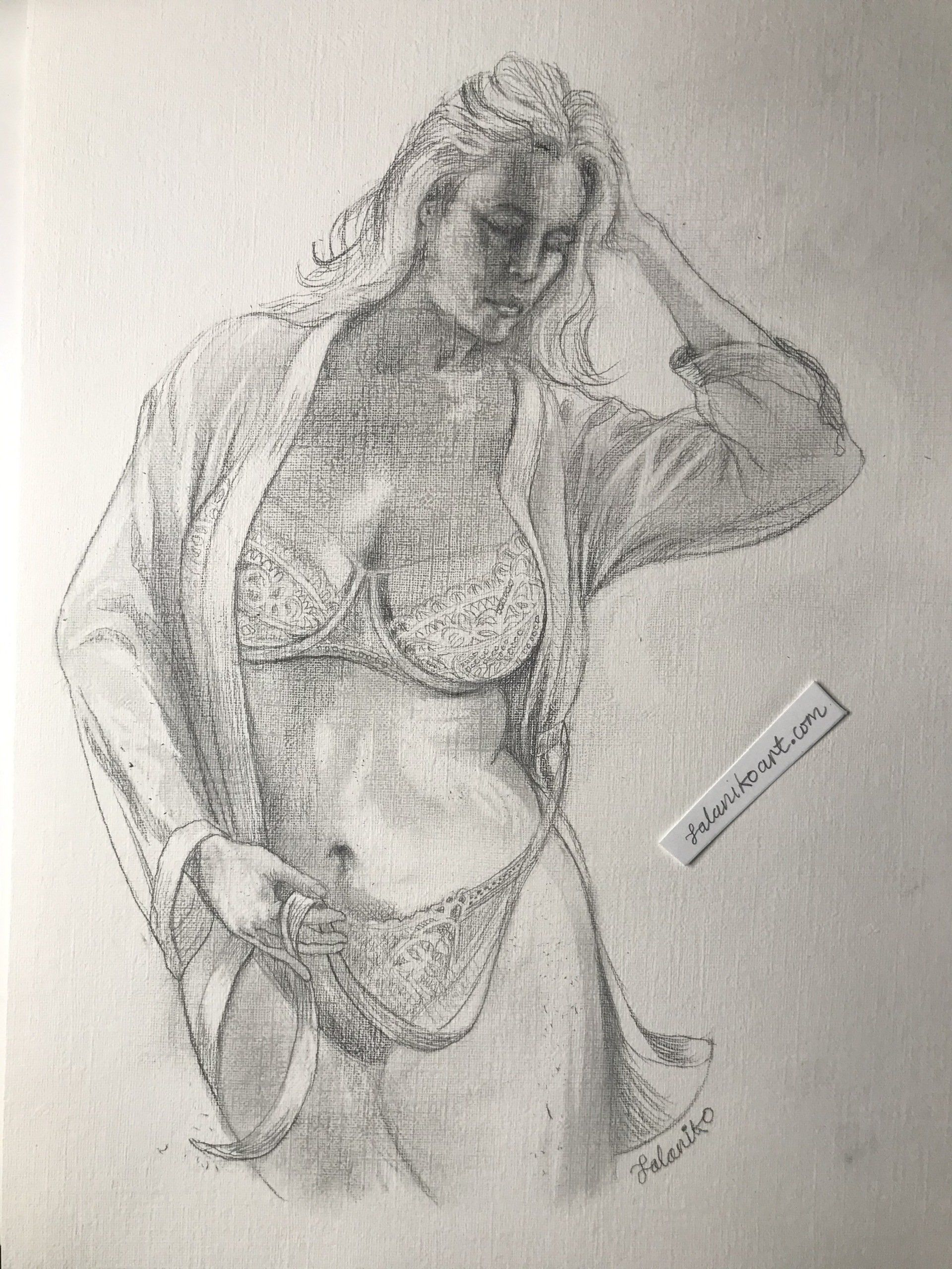A pencil sketch of a tall, sophisticated blonde woman in her 40s, she is wearing a white lingerie set with a delicate floral texture, accompanied by a champagne-coloured robe draped over her shoulders.