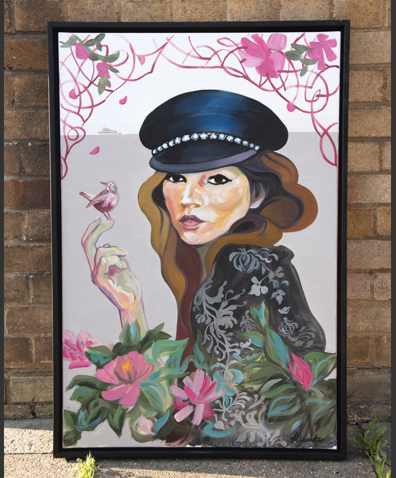 An oil-painted and framed canvas of a pastiche inspired by Kate Moss, she is holding a bird; in the background, a ship sails away, with a floral foreground.