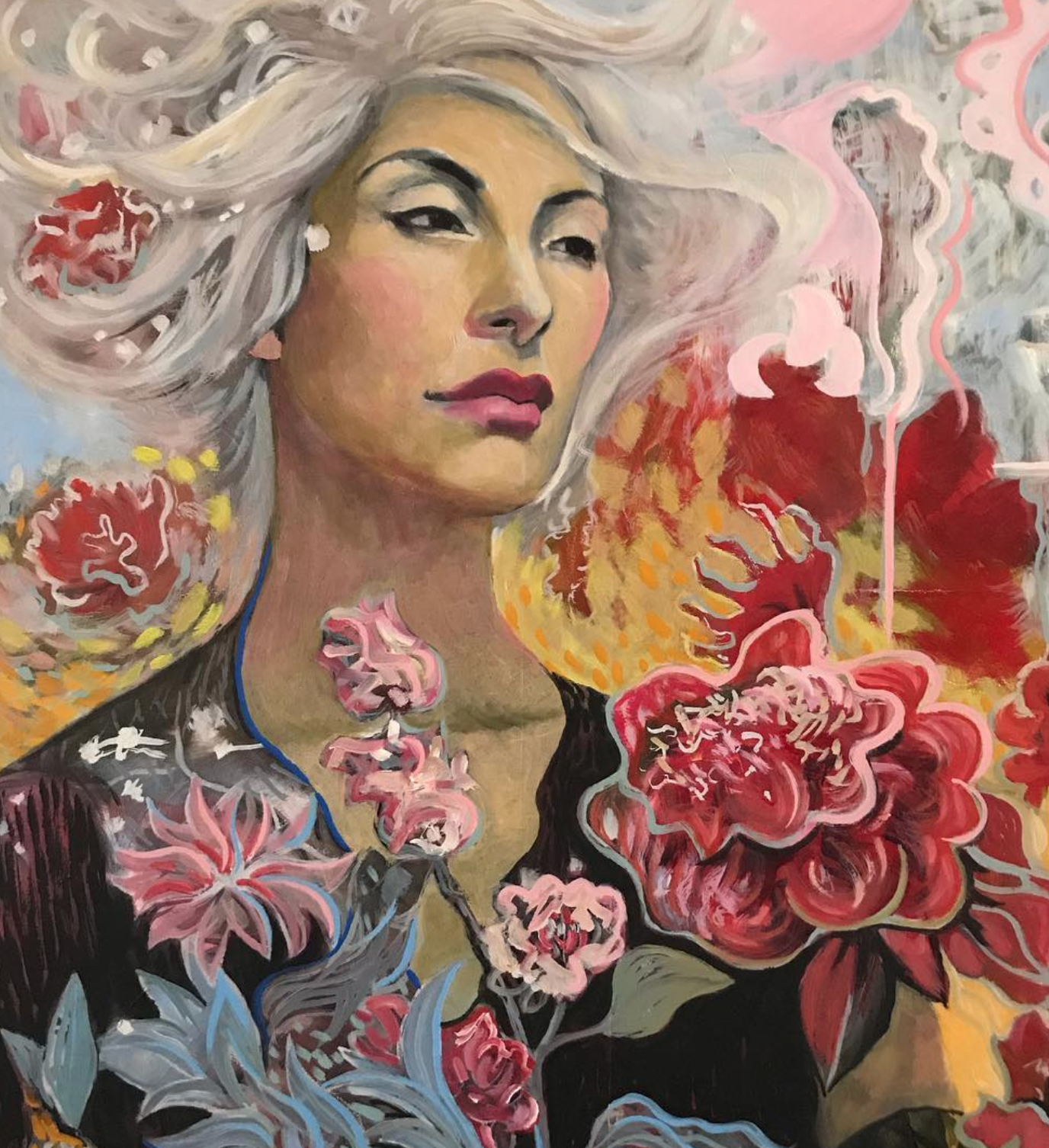 An oil painting of a white haired woman looking into the distance, in a swirling, dreamy and turbulent atmosphere, roses in the foreground