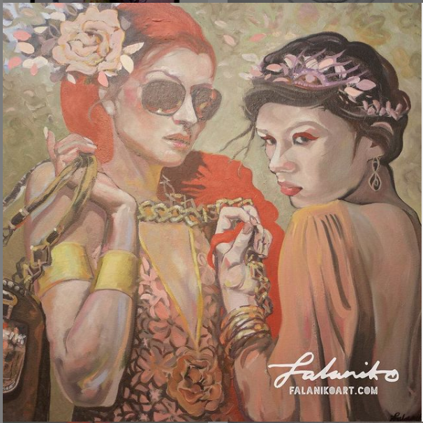 An oil painting of two women standing together, looking defiant, turned to the viewer as if we had just interrupted their conversation. The colours are gold, red and pink