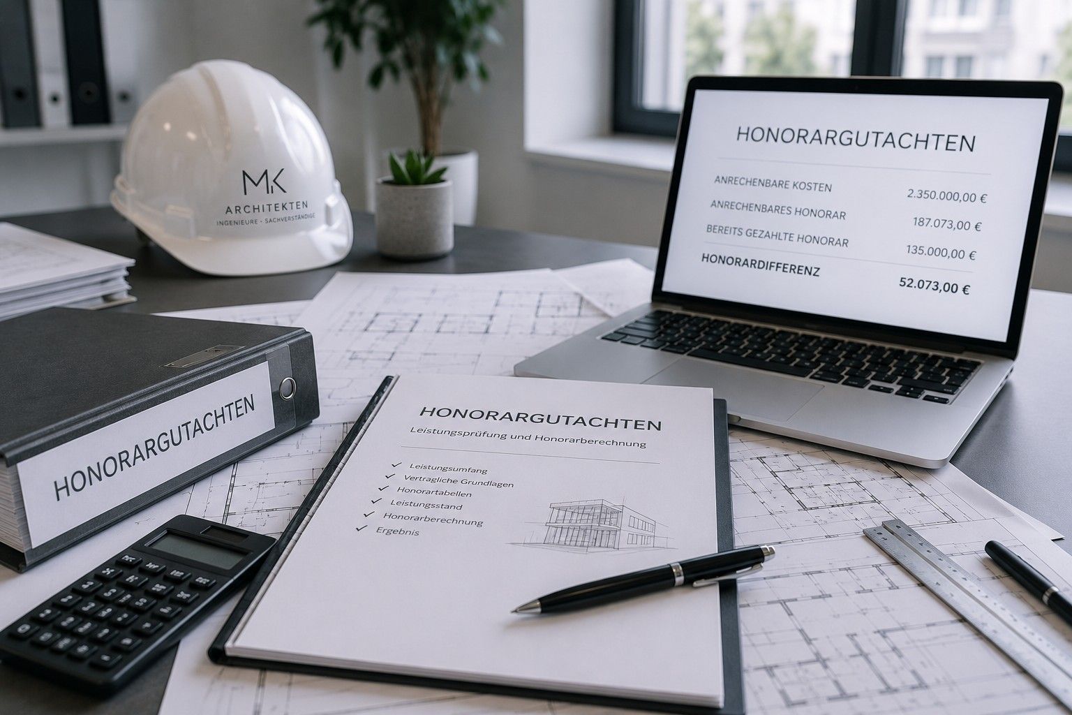Baupläne, Taschenrechner und Honorarberechnung für eine Architektenrechnung