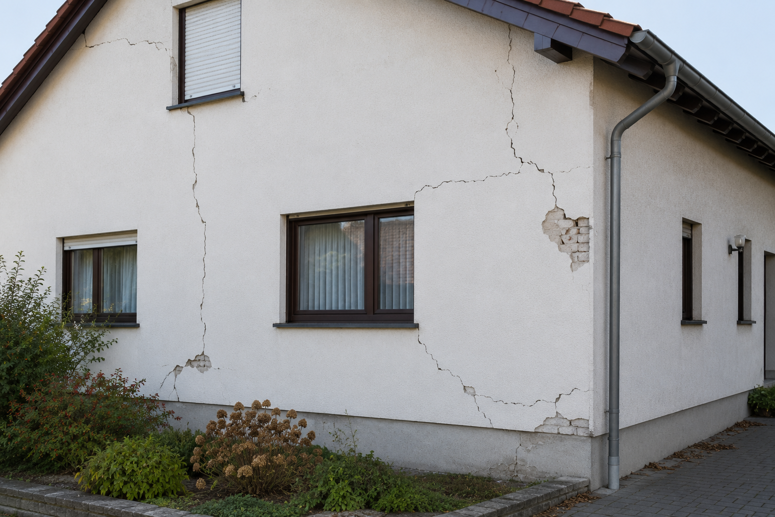 Beschädigte Hausfassade mit rissigem Putz