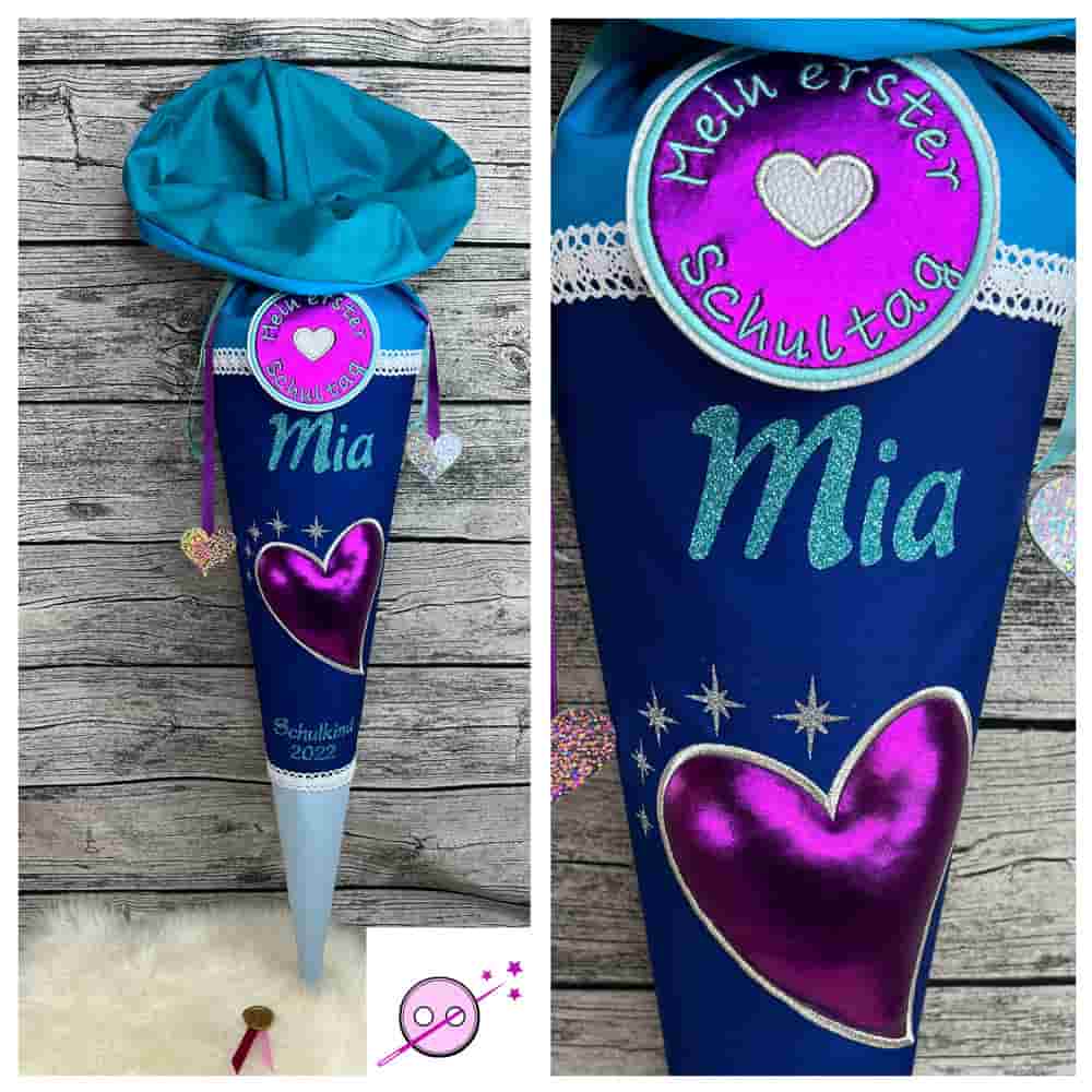 Schultüte mit 3D Herz in schimmerden und glitzernden Farben.