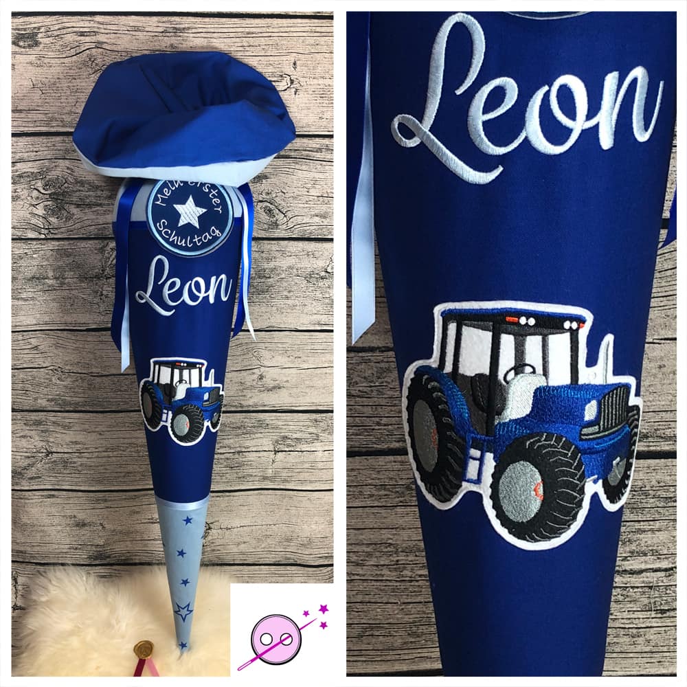 Traktor Schultüte bestickt in blau, Bulldog