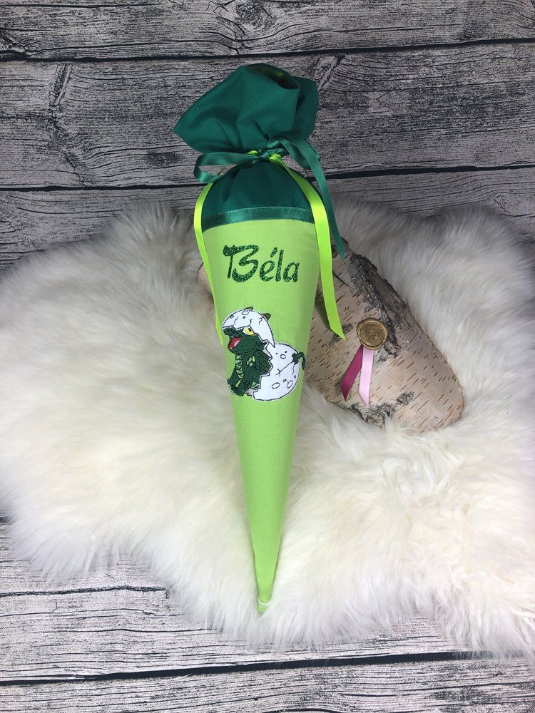 Geschwister Schultüte mit Dino im Ei grün