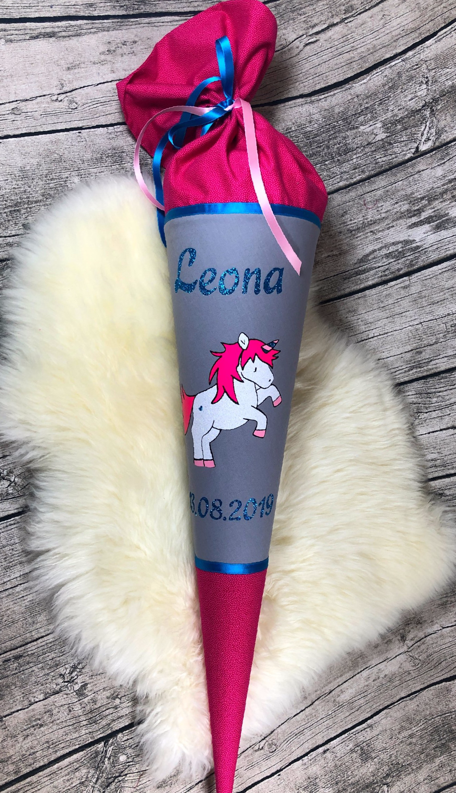 Einhorn Schultüte in grau und pink