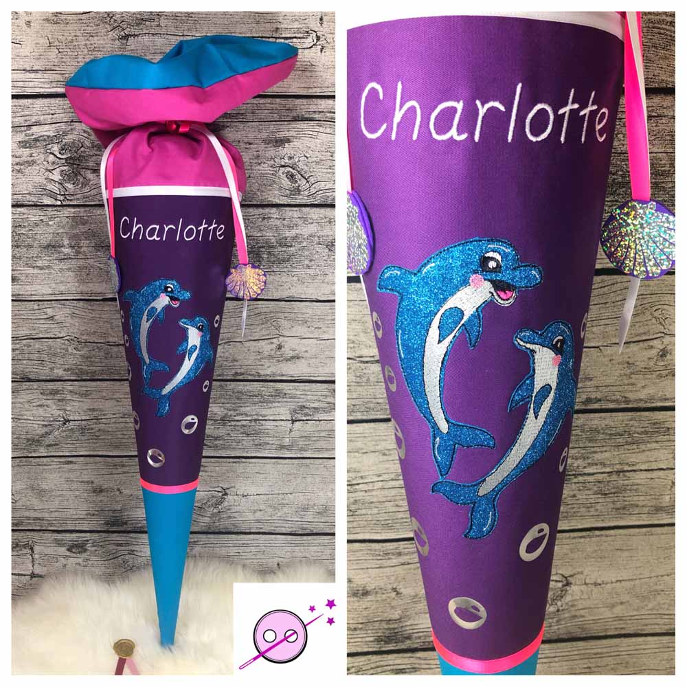 Delfin Schultüte, Delphin Zuckertüte die mit Blubberblasen tanzen.