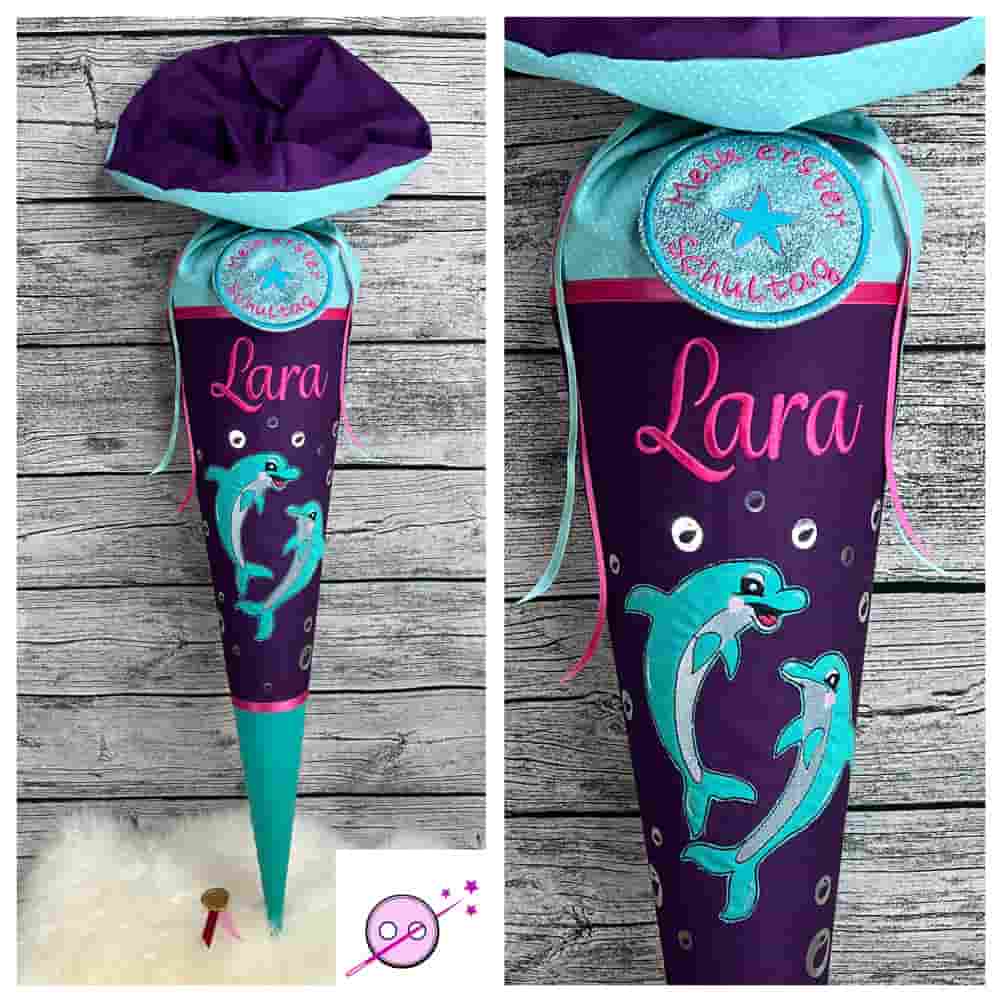 Delfin Schultüte in lila und smaragdgrün