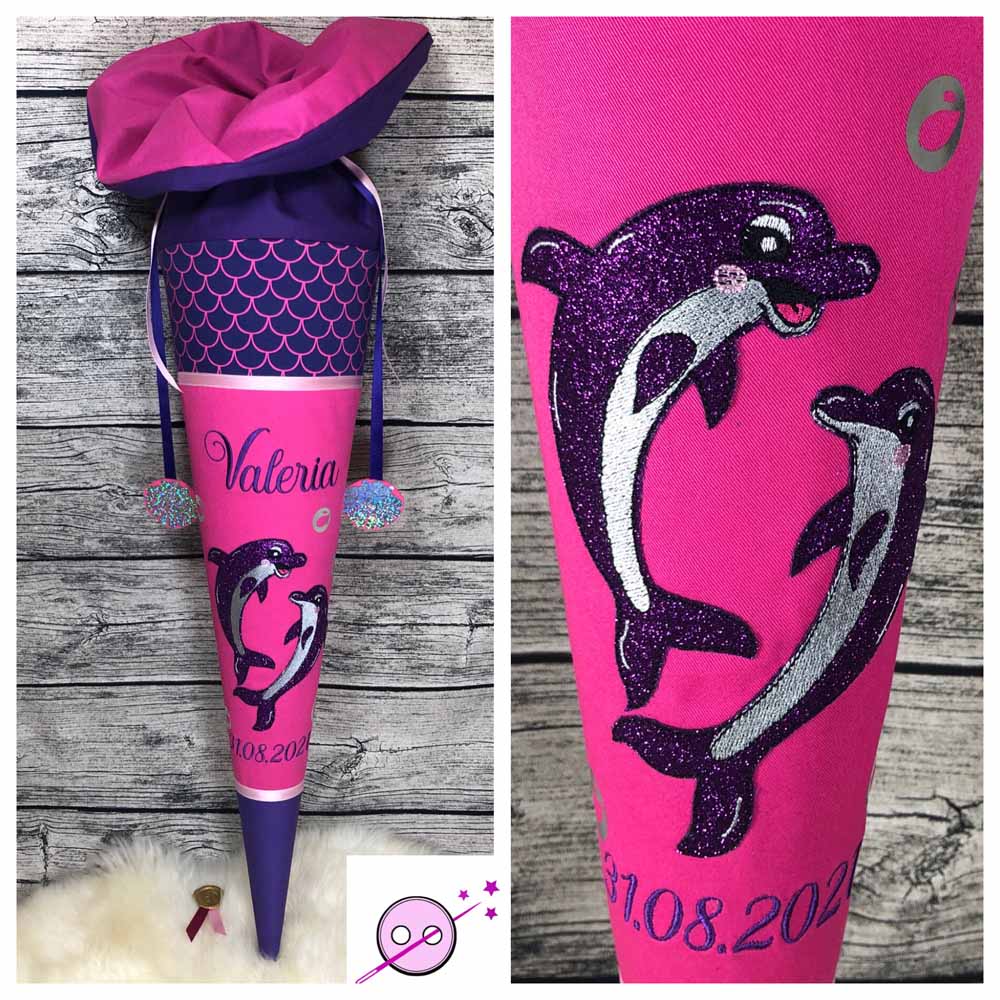 Schultüte mit Delfinen, Delphin Zuckertüte lila, pink mit Schuppen, genähte Schultüte