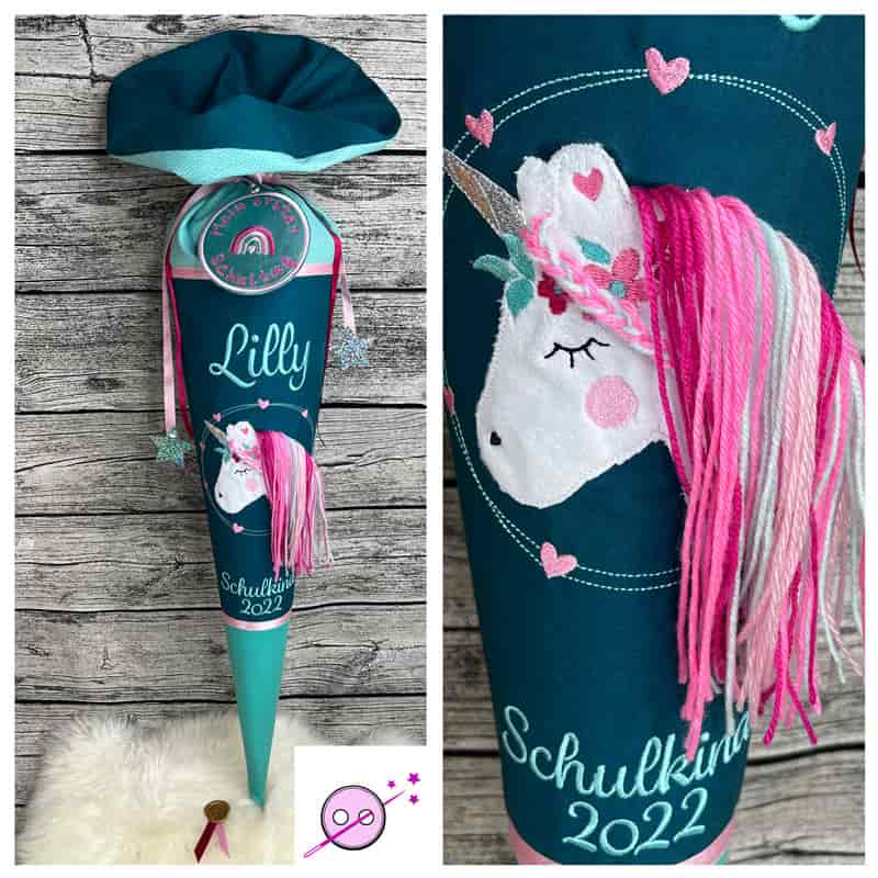 Einhorn Schultüte mit 3D Mähne und rosa, pink und petrol