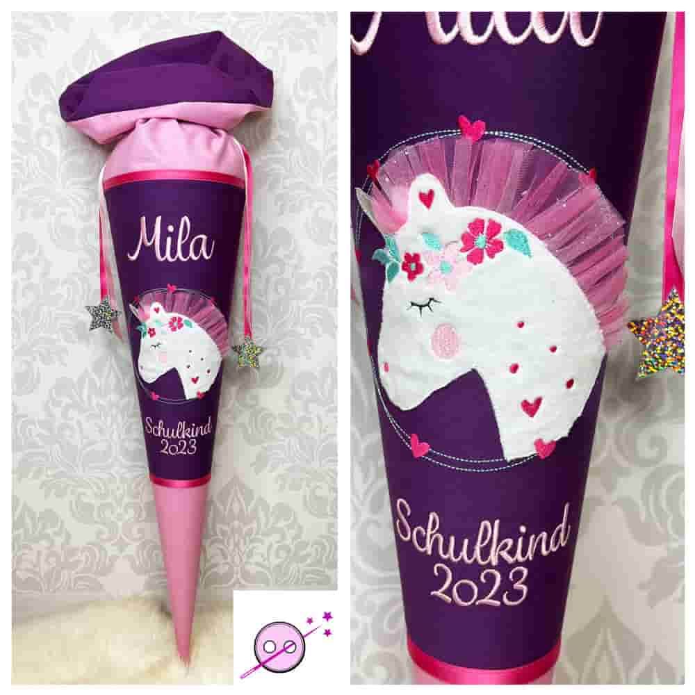 Schultüte aus Stoff mit gesticktem Einhorn Motiv in Lila und Rosa