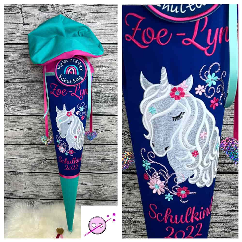 Einhornschultüte bestickt in weiß mit blauen und grünen Stoffen