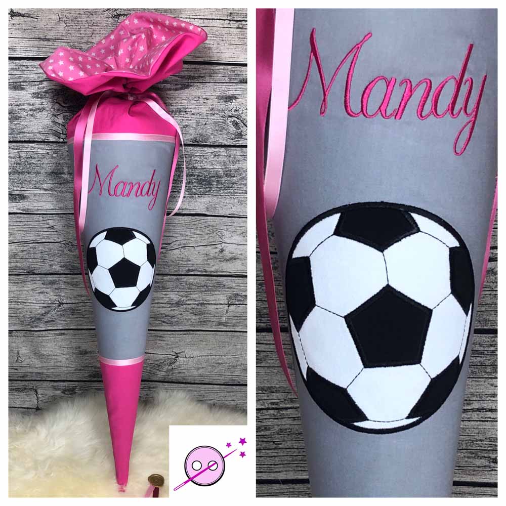Schultüte für Mädchen, Fußball pink grau, Schultüte mit Namen bestickt, individuell