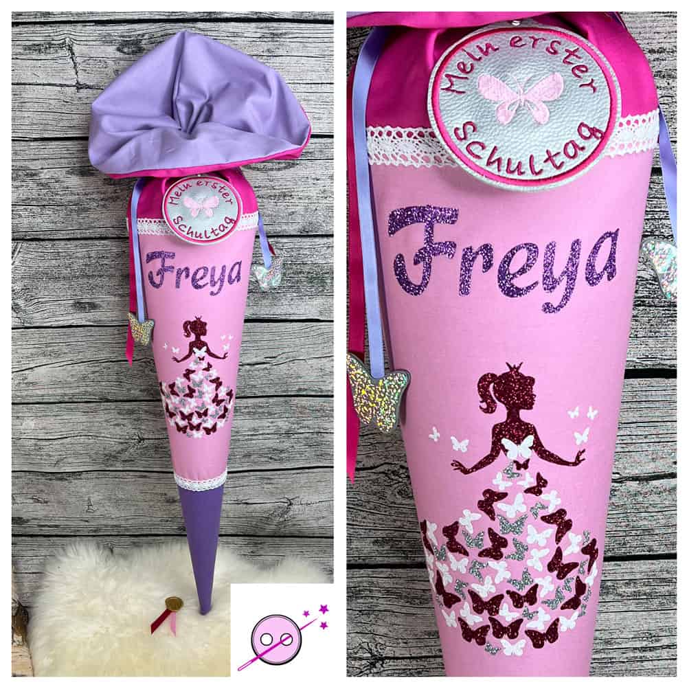 Glitzernde Prinzessin die ein Kleid von Schmetterlingen trägt. Rosa-magenta-flieder