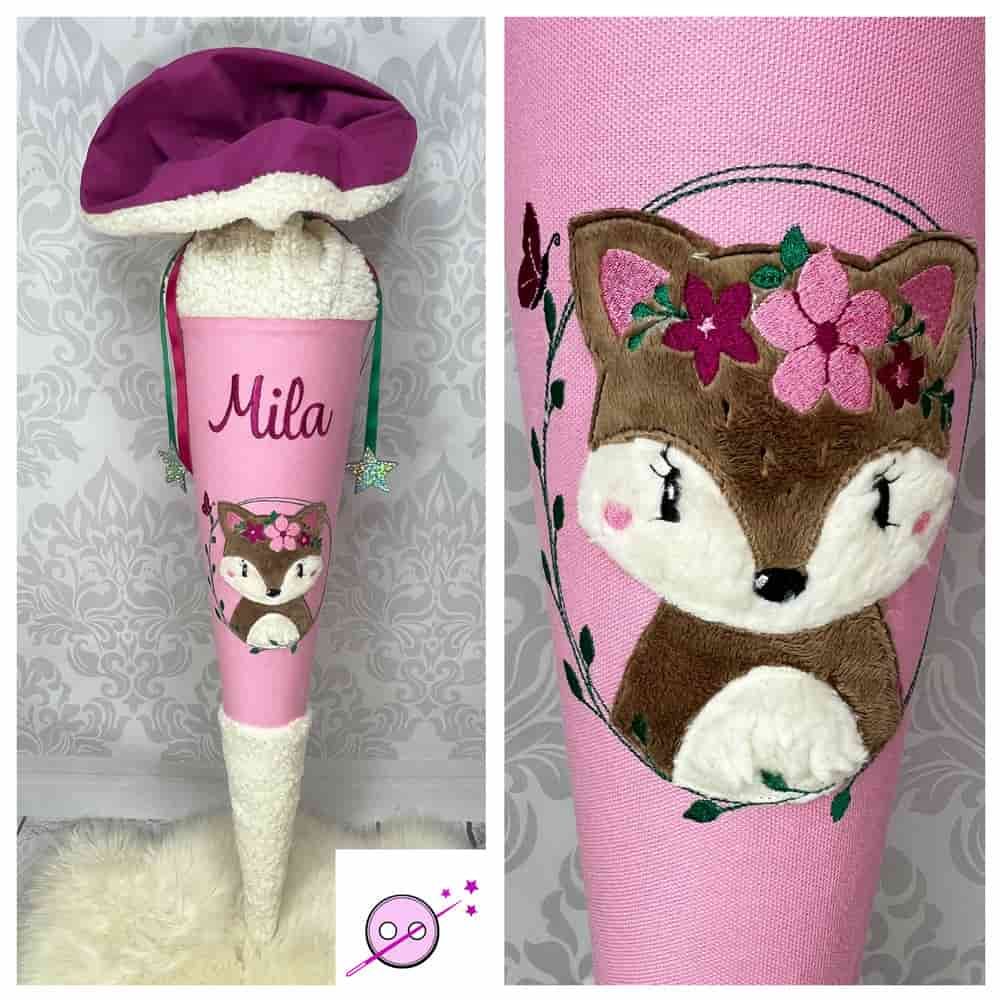 schultüte zum Kuscheln aus Stoff mit einem Fuchsmotiv in Rosa und mit tollem Teddystoff