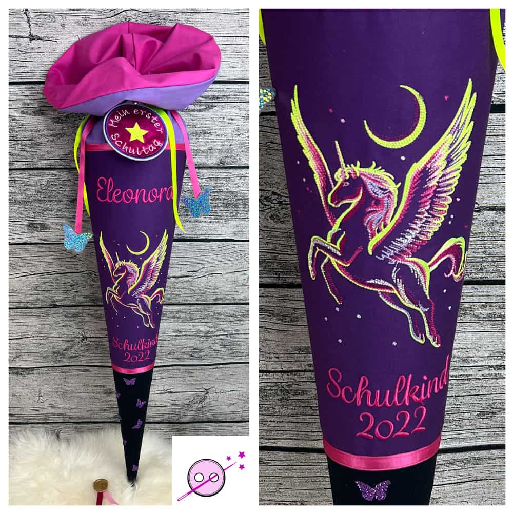 Bestickte Schultüte in lila pink mit Pegasus Motiv